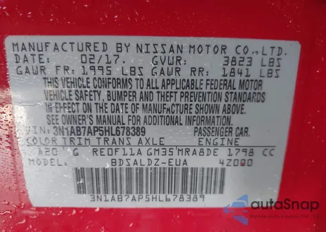 2017 Nissan Sentra Sv from USA, damaged, VIN 3N1AB7AP5HL678389